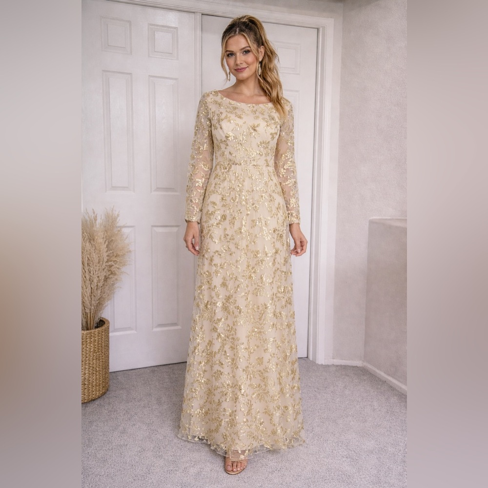 Gold SEQUIN long sleeve long GOWN dress weddings guest special occasions sz 4